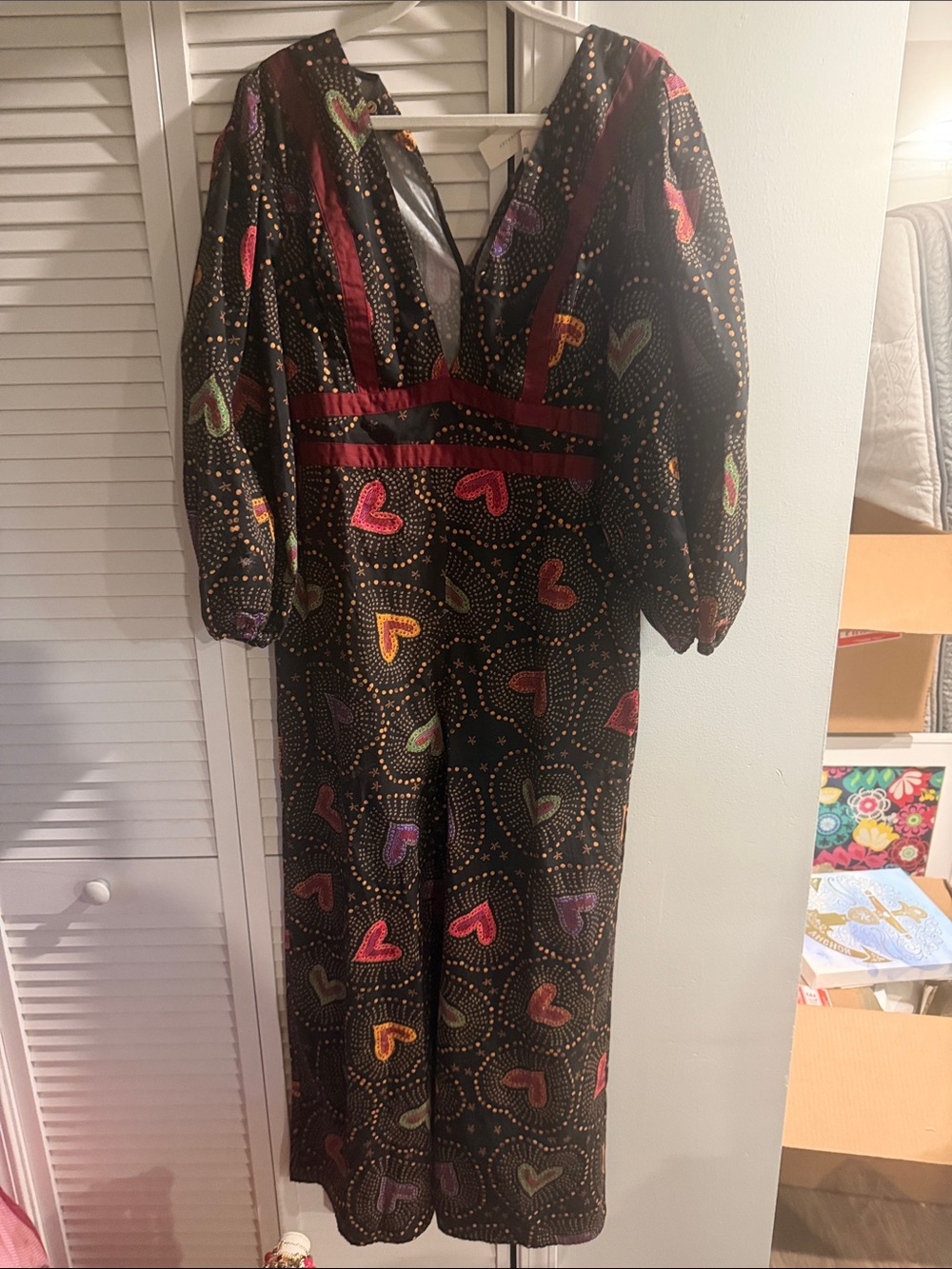 Farm Rio Deep V Heart-Print Wide-Leg Jumpsuit Size L NWT - Picture 6 of 7